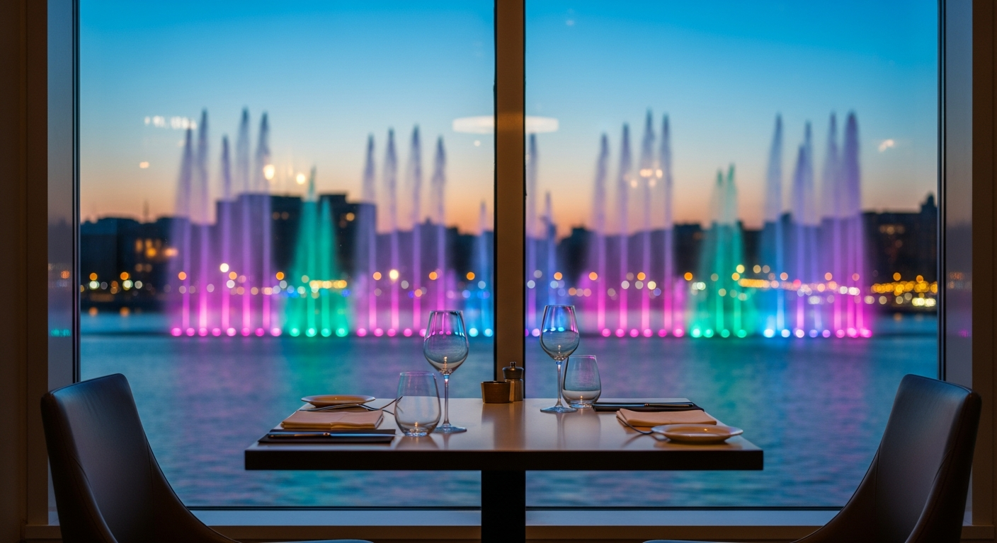 絶景レストランの窓側席と噴水が見える特等席